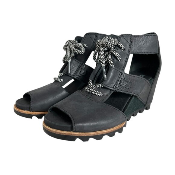 Sorel Joanie Wedge Lace up Sandals Size 7.5 Black Leather Gladiator - Picture 2 of 9
